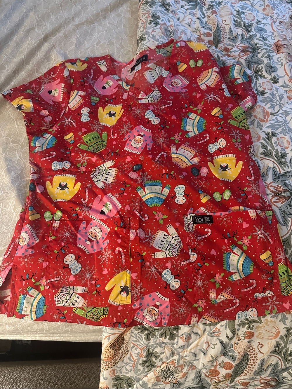 koi Red Holiday Print Scrub Top with Multicolor Motifs